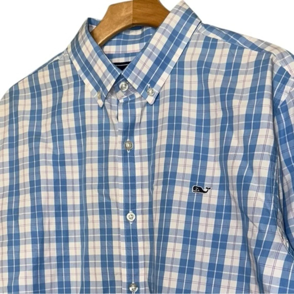Vineyard Vines Men’s L Blue White Plaid Cotton Whale Slim Fit Button Down Shirt